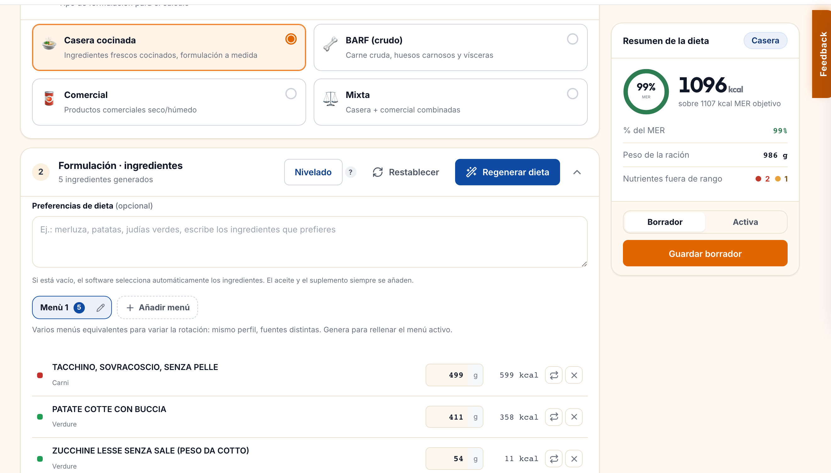 Editor de dietas de VetDietPro: tabla de ingredientes con gramajes y reparto de los nutrientes del plan.